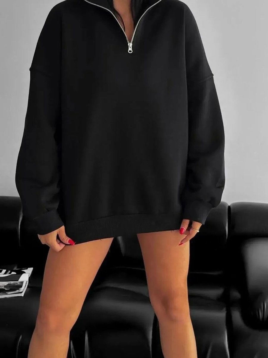 Swana Siyah İplik Şardonlu Dik Yaka Fermuarlı Sweatshirt