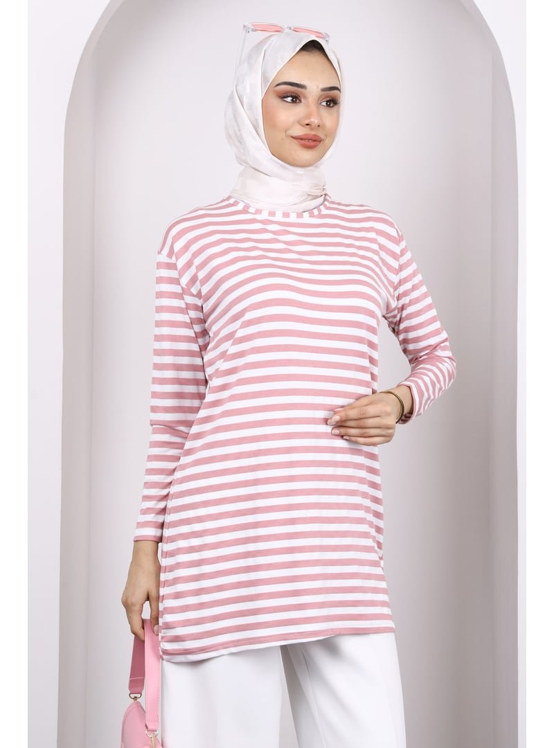 İmaj Butik Pudra Çizgili Uzun Kol Tunik