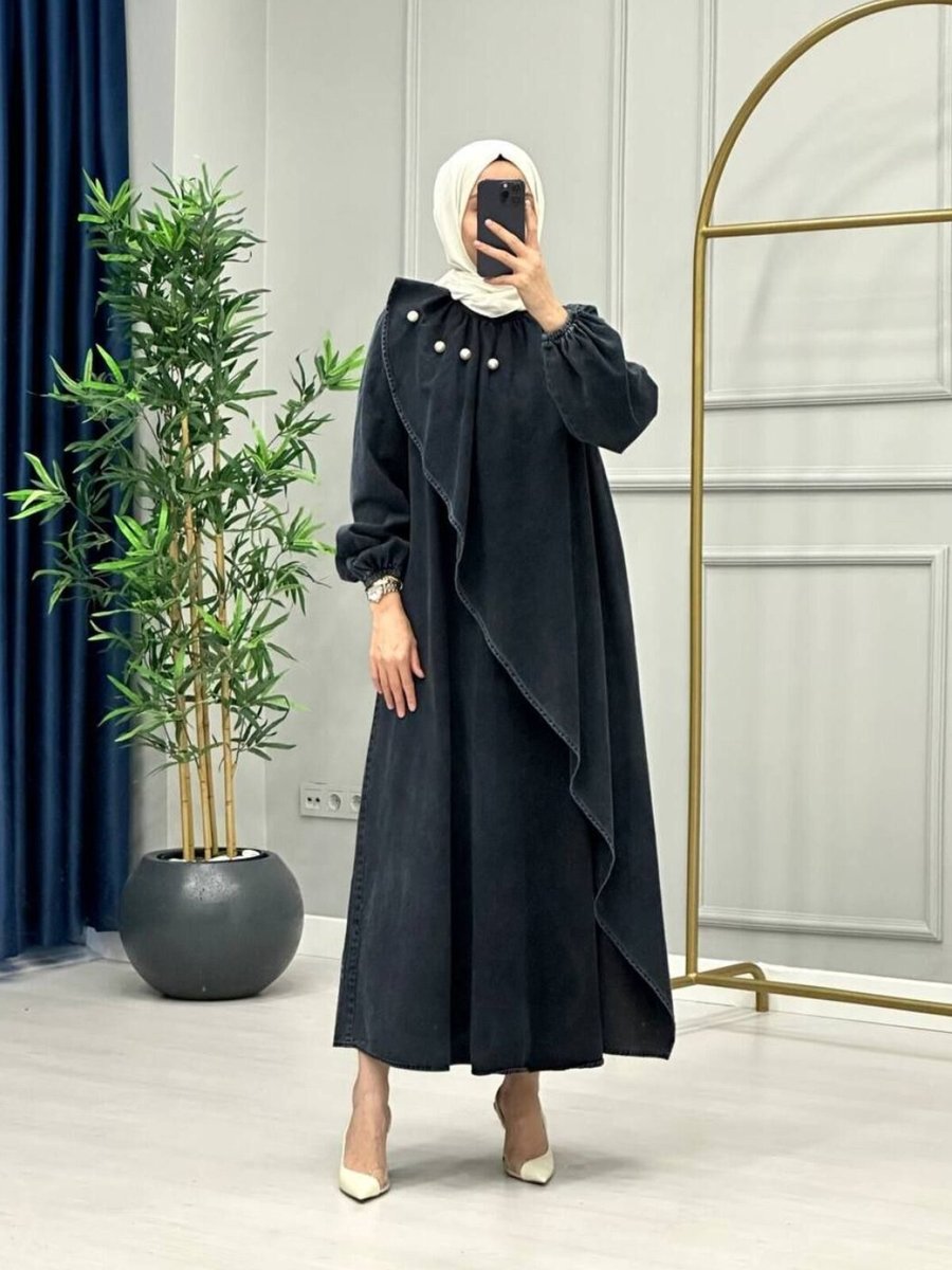 OlaLady İnci Füme Detaylı Salaş Denim Kot Elbise