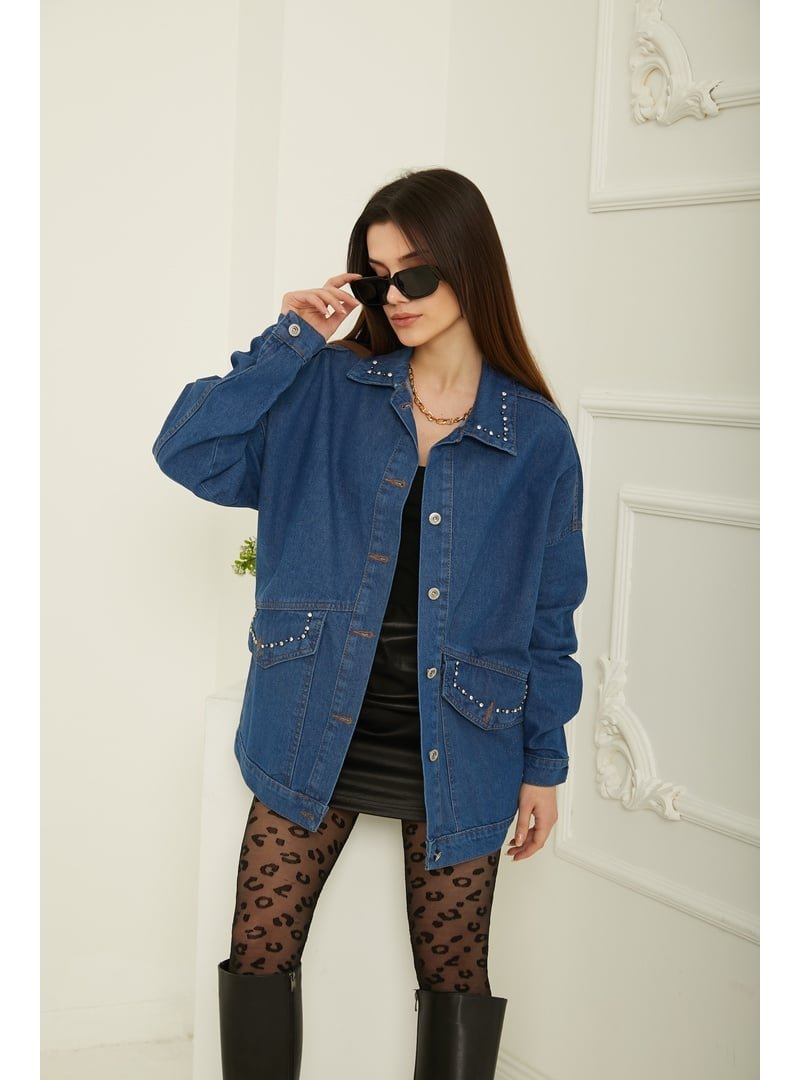 Tofisa Kot Rengi Taş Detaylı Oversize Denim Ceket