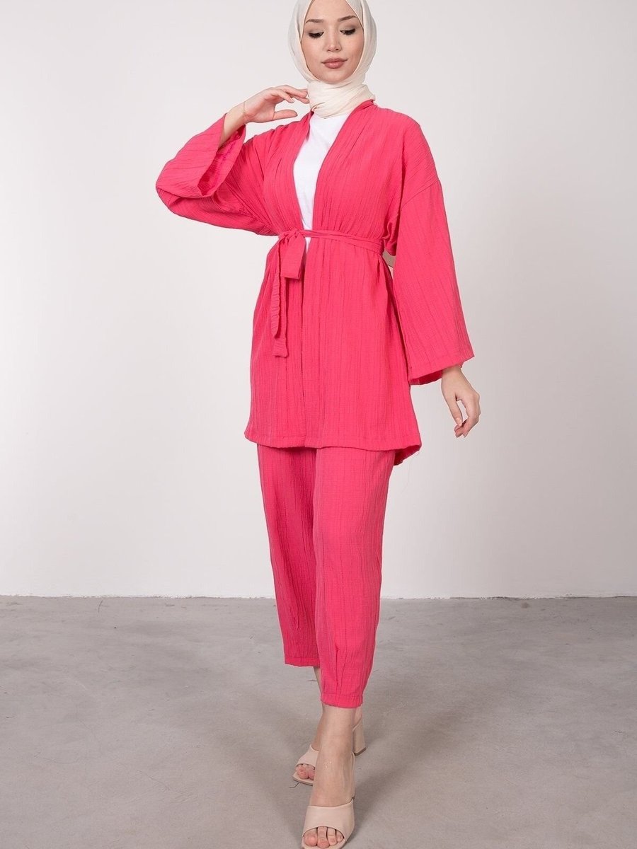 Swana Pembe Kuşaklı Pantolonlu İkili Takım