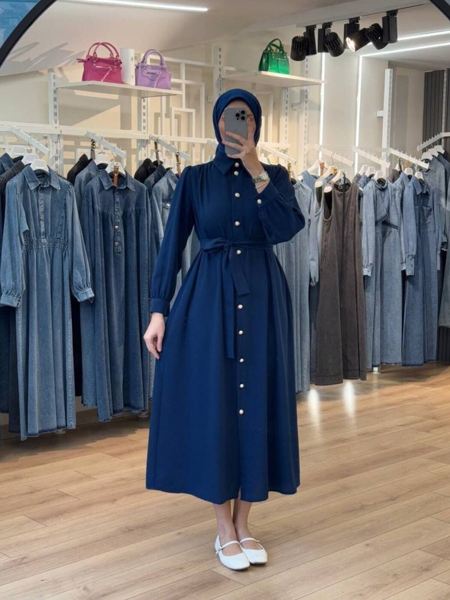 OlaLady Lacivert Arkası A Pile Düğmeli Kuşaklı Elbise