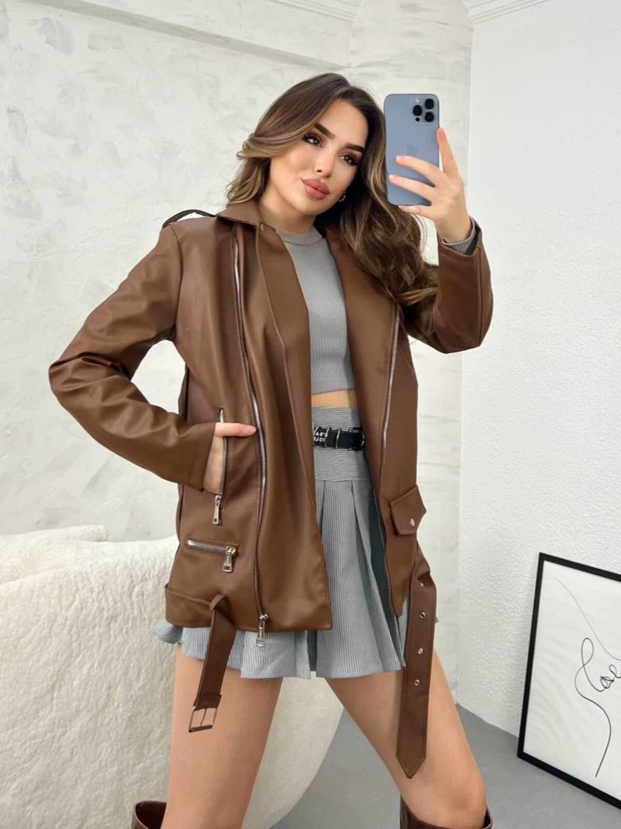 İLKCET MODA Kahve Oversize Uzun Suni Deri Ceket