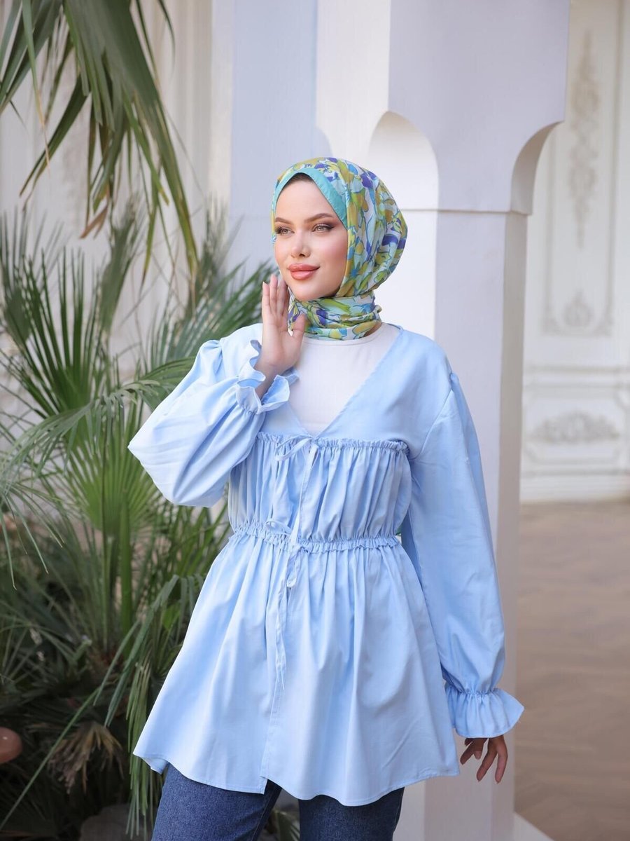 Nergis Neva Butik Mavi Beli Büzgülü Lastikli Kimono Tunik