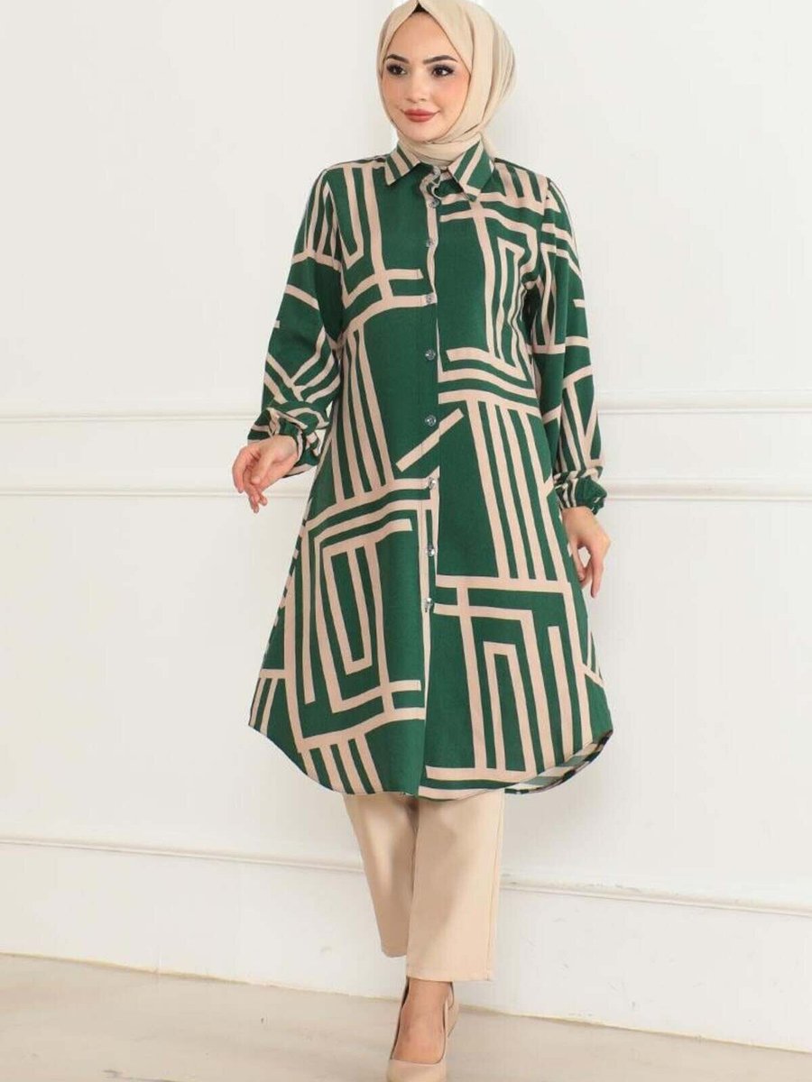 Mec Fashion Zümrüt Yeşili Geometrik Desen Viskon Tunik