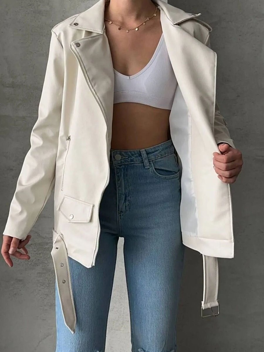 Swana Beyaz Oversize Cep Detay Kemerli Deri Mont