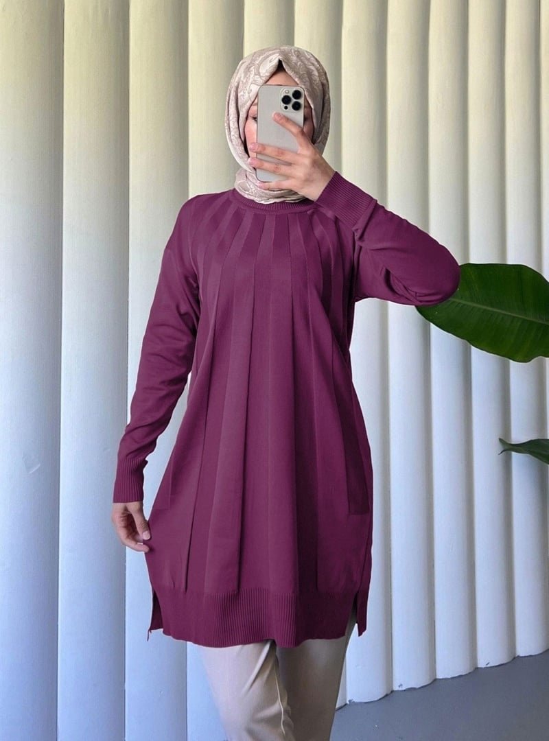 Podyumplus Mürdüm Yırtmaçlı Yelpaze Desenli Triko Tunik