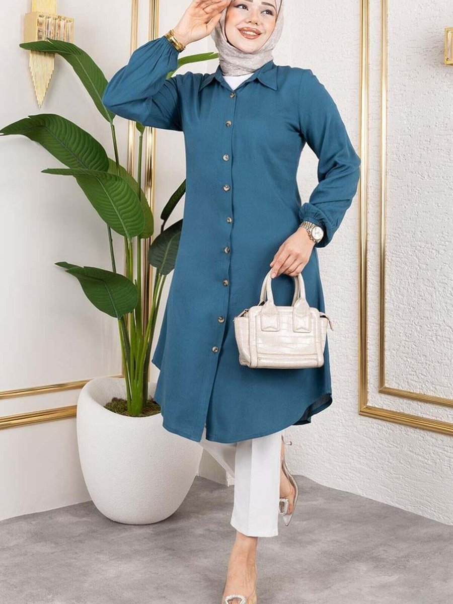 Mec Fashion Petrol Mavisi Manşeti Lastikli Viskon Tunik