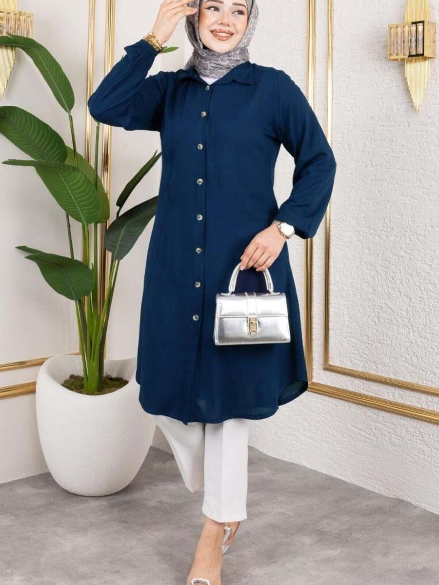Mec Fashion Lacivert Manşeti Lastikli Viskon Tunik