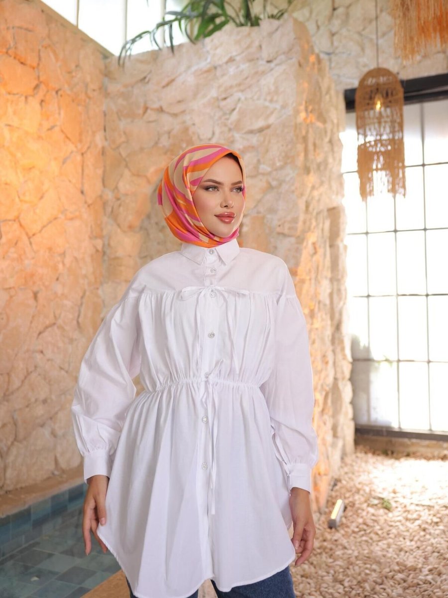 Nergis Neva Butik Beyaz Beli Büzgülü Bağlamalı Tunik