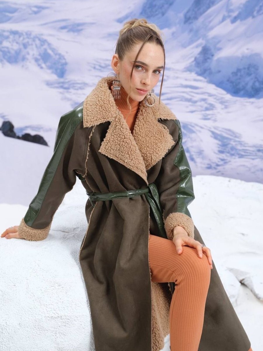 İLKCET MODA Yeşil Süet İçi Dolgulu Lamine Kaban