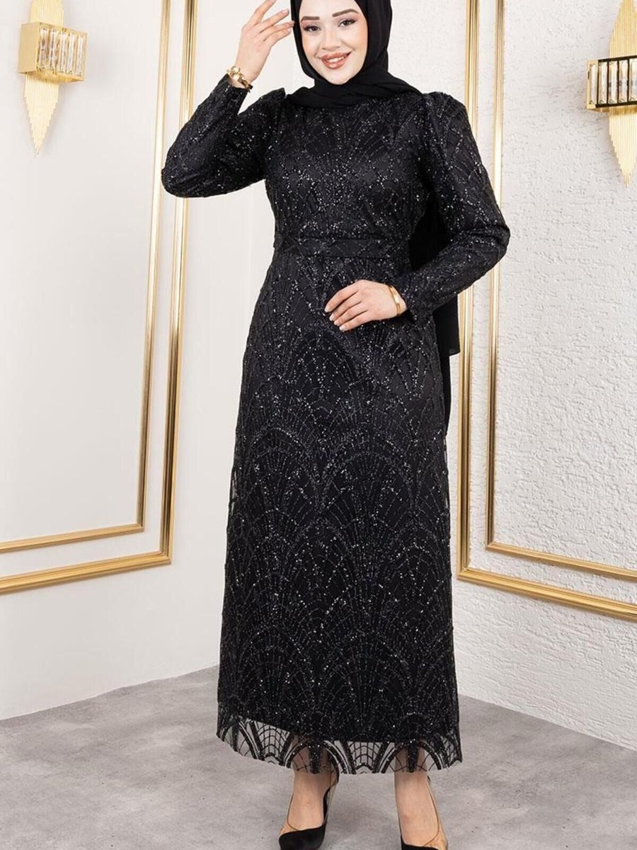 Mec Fashion Siyah Afilli Simli Kalem Abiye Elbise