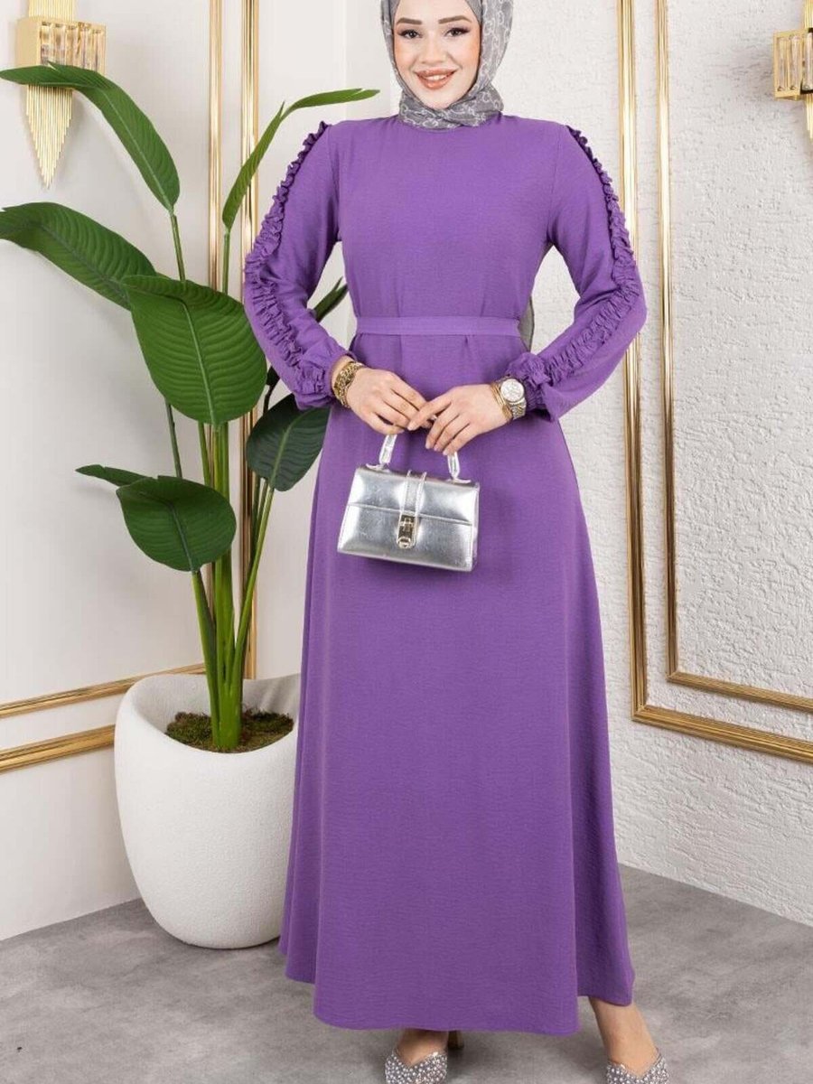 Mec Fashion Lila Kolları Fırfır Detaylı Elbise