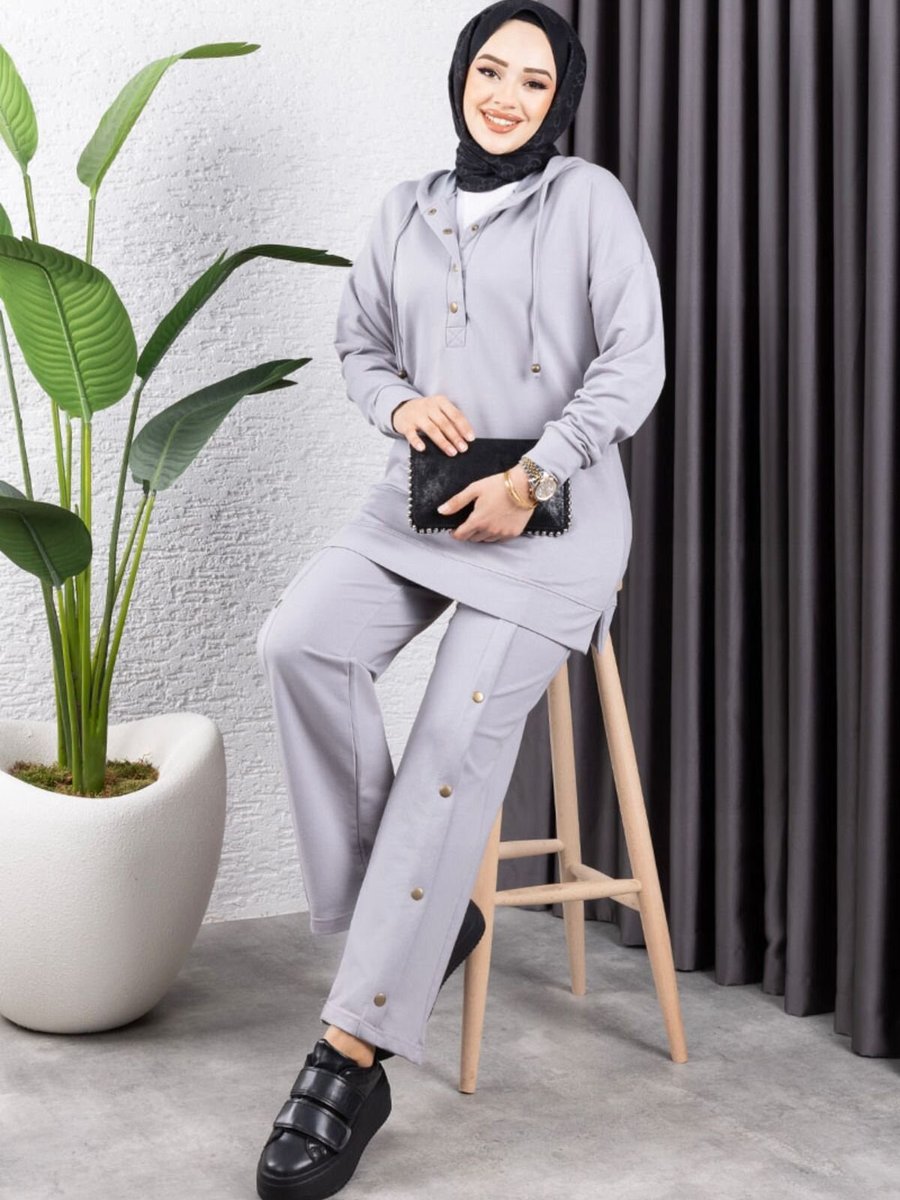 Mec Fashion Gri Pantolonu Çıtçıt Detaylı Spor İkili Takım
