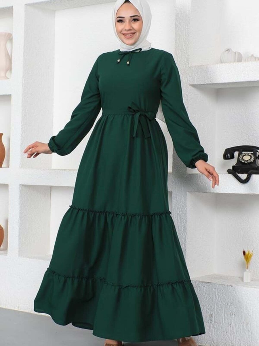 Mec Fashion Zümrüt Yeşili Yakası Bağcıklı Patlı Elbise