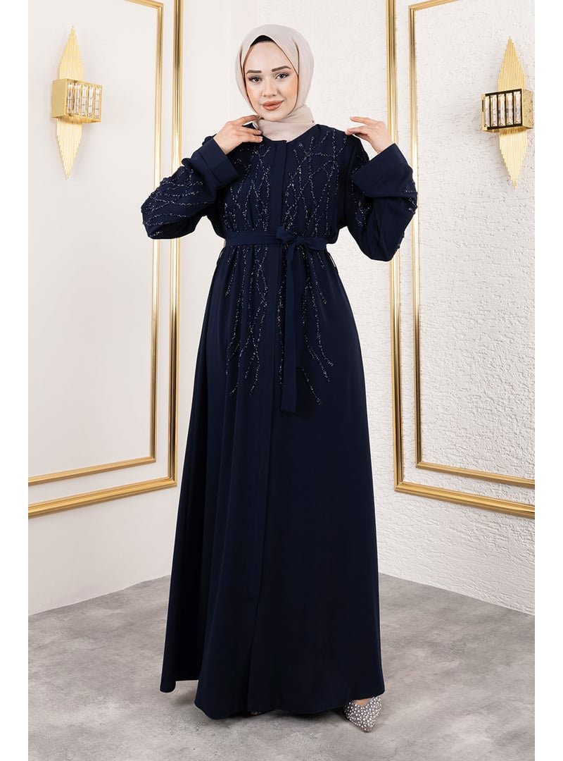 Tesettür Dünyası Lacivert Gizli Fermuarlı Taş Detaylı Abaya