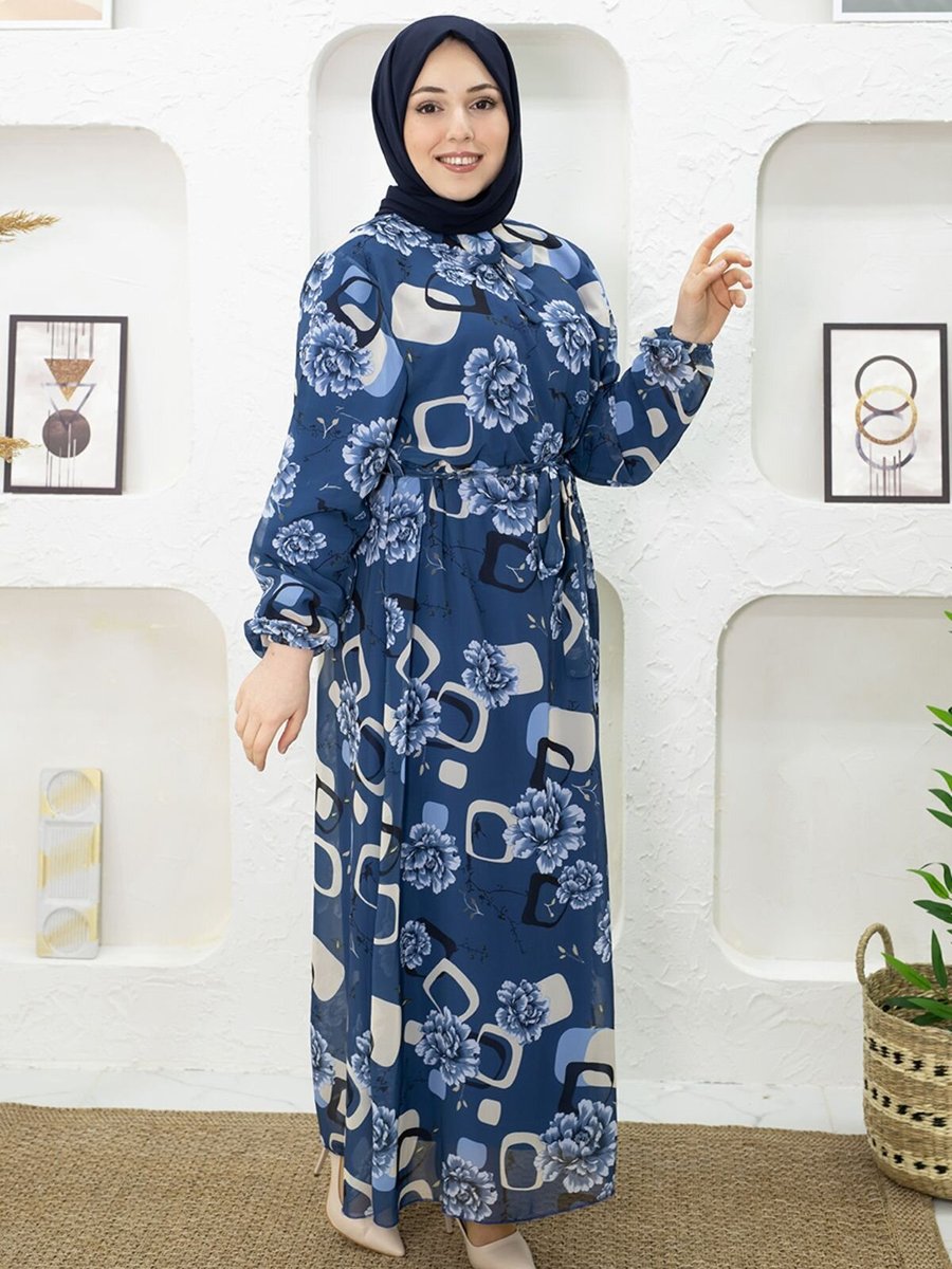 Mec Fashion İndigo Çiçek Desenli Elbise