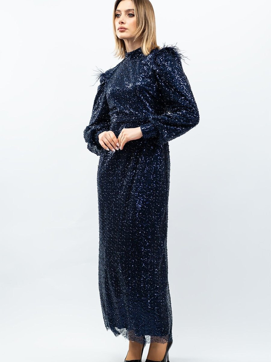 Mec Fashion Lacivert Payetli Navy Blue Abiye Elbise