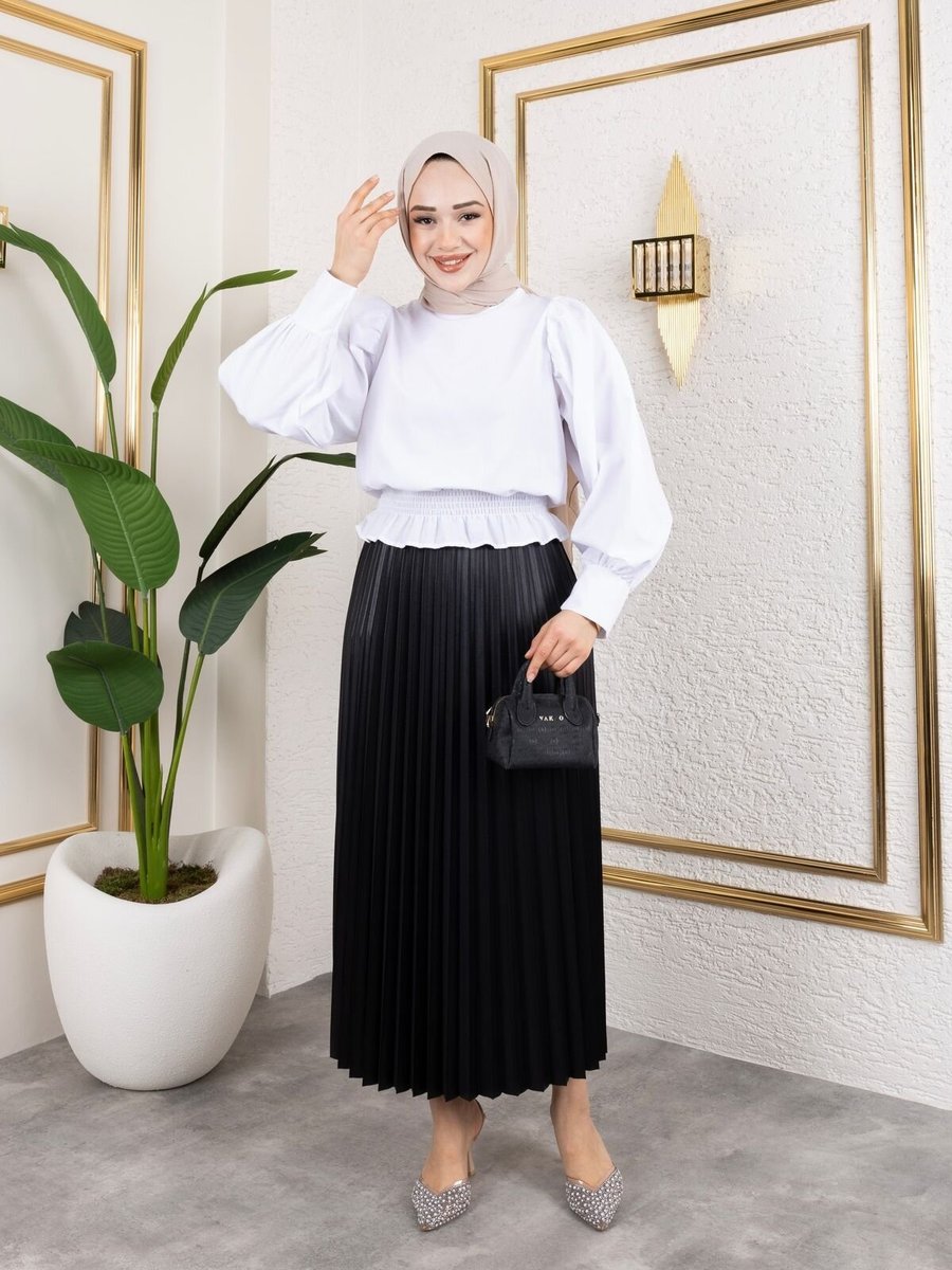 SFG Life Moda Siyah Uzun Deri Görünümlü Beli Lastikli Piliseli Etek