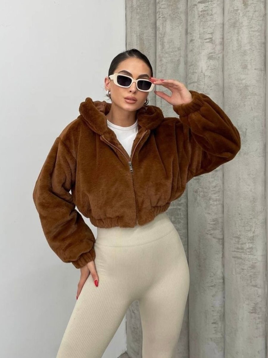 İLKCET MODA Kahve Peluş Oversize Crop Kapüşonlu Mont