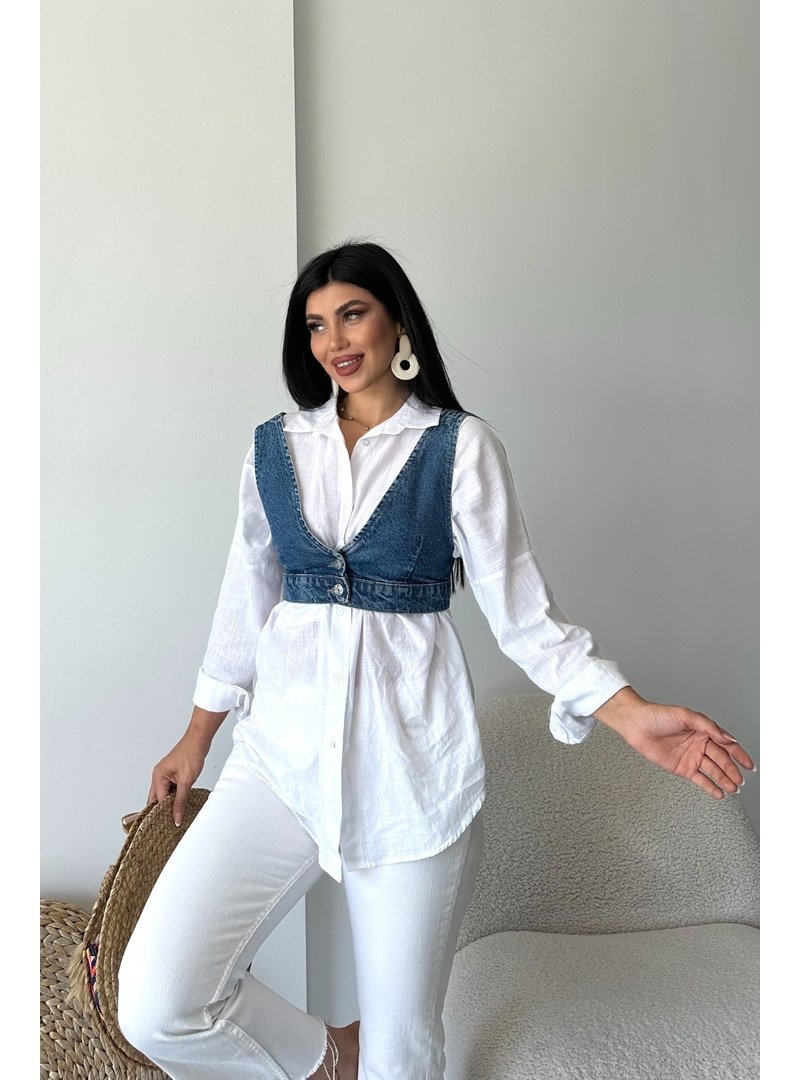 Destemoda Koyu Mavi Kot Büstiyer Kısa Crop Düğmeli