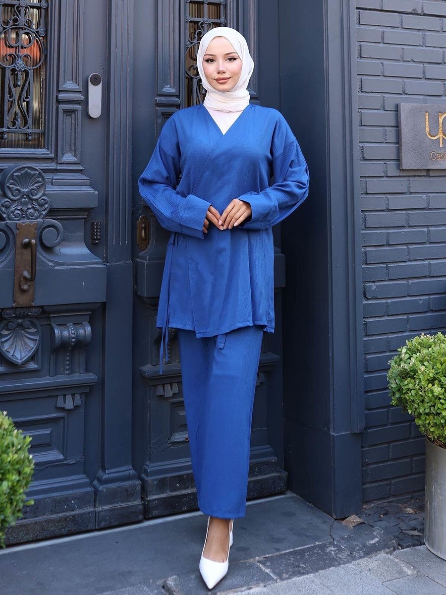 Misskayle İndigo Bağlama Detaylı Kimono İkili Takım