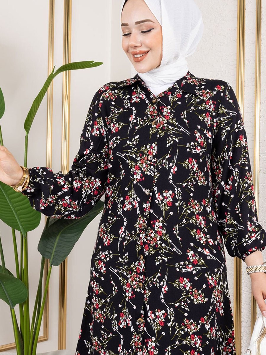 Mec Fashion Siyah Asel Çiçekli Viskon Tunik