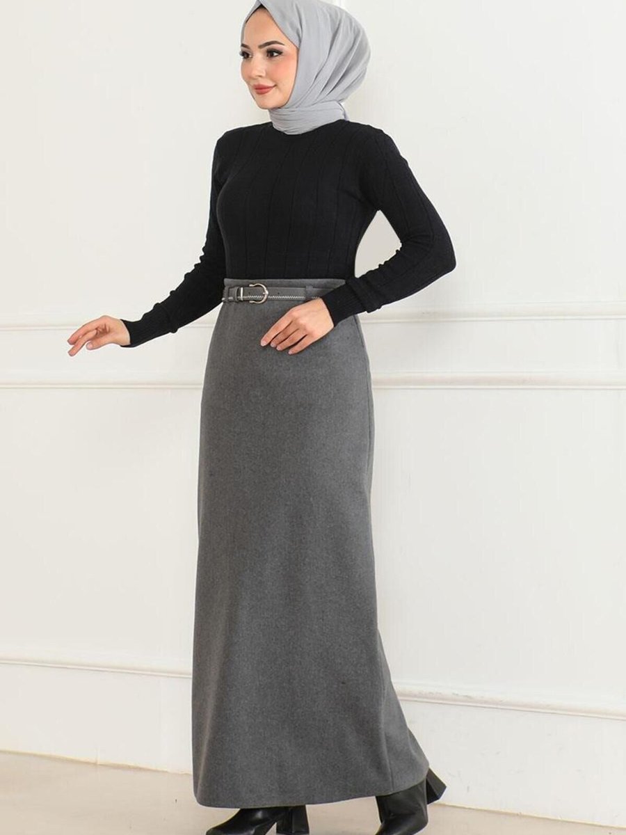 Mec Fashion Gri Uzun Kemerli Kaşe Kalem Etek