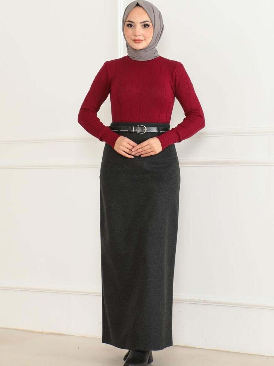 Mec Fashion Antrasit Uzun Kemerli Kaşe Kalem Etek