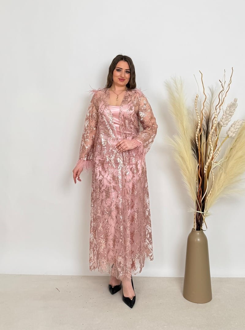 De White`s Pudra Kadın Kimono Ve Elbiseli Abiye Li Takım