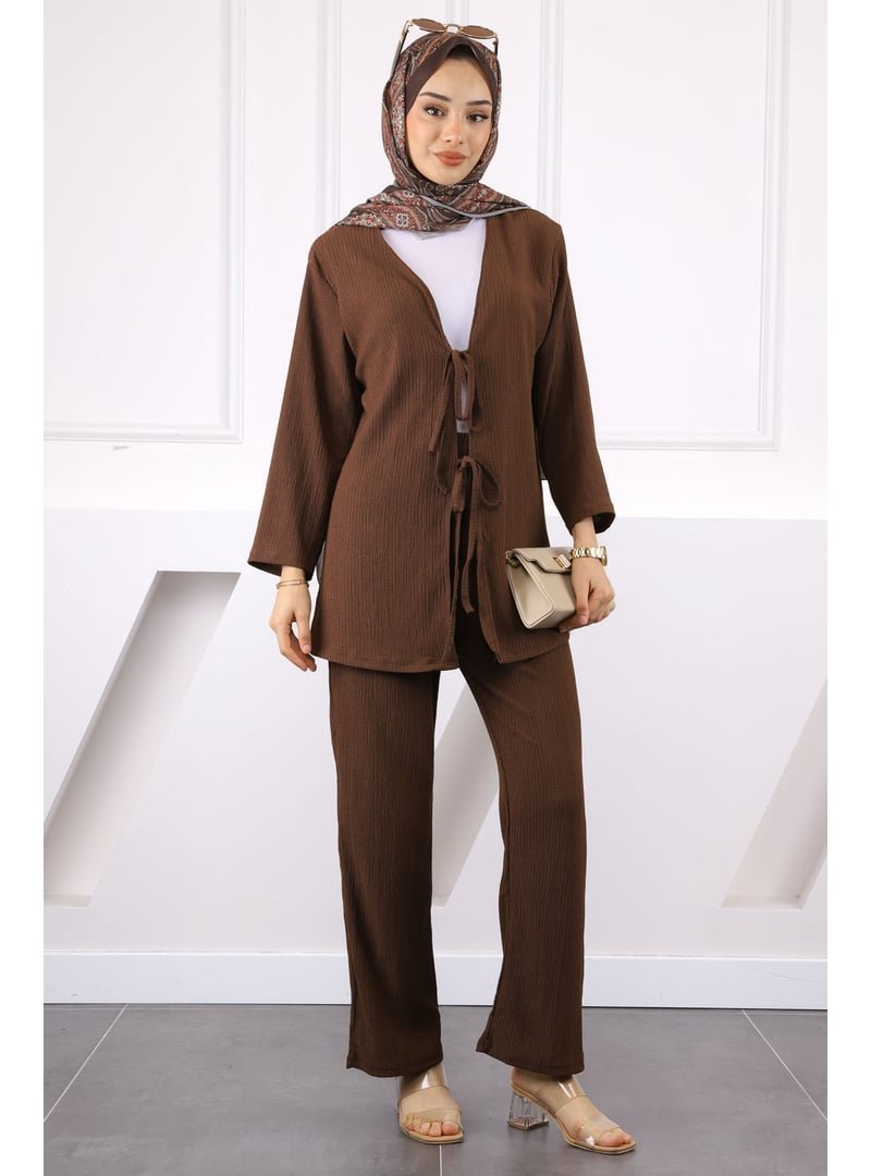 İmaj Butik Kahverengi Ön Bağlamalı Bürümcük Kimono Pantolonlu Takım