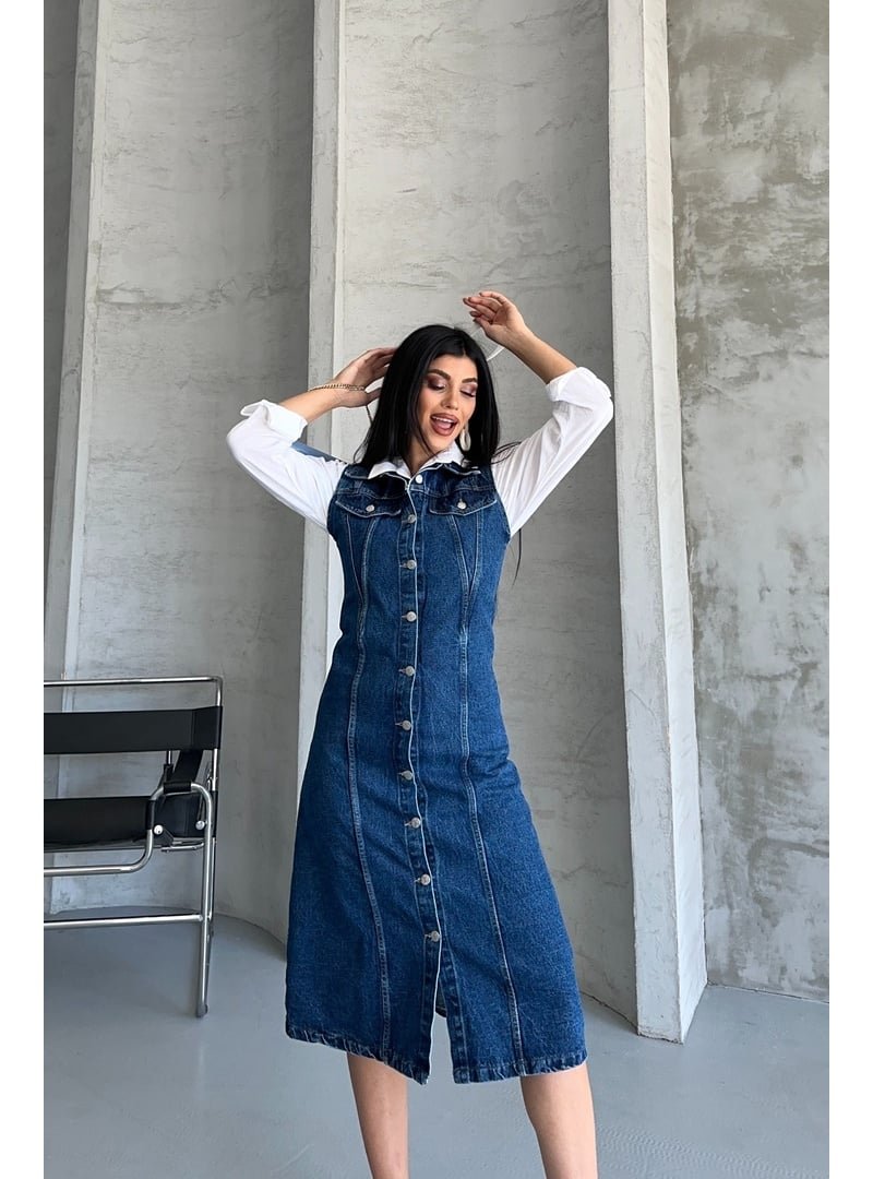 Destemoda Koyu Mavi Kot Uzun Düğmeli Tunik Çift Cepli Yelek