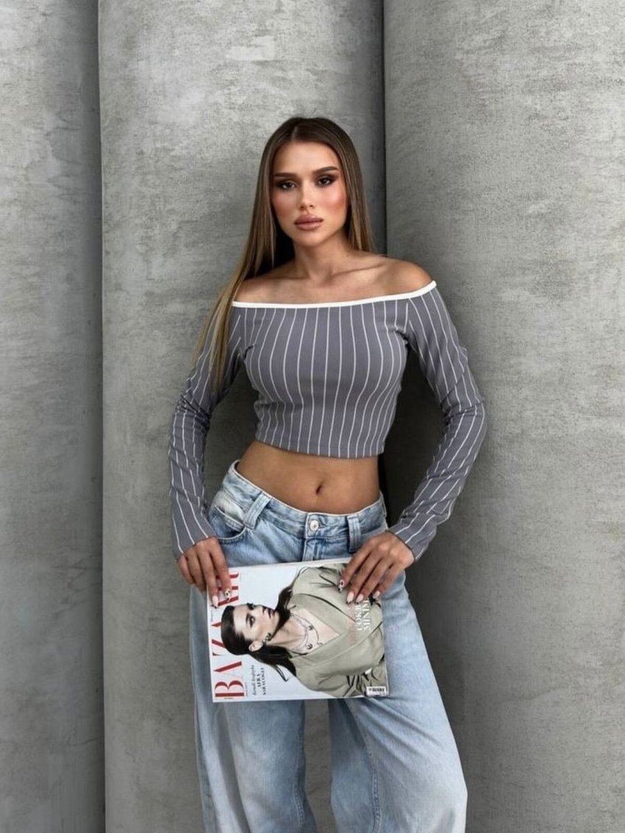 İLKCET MODA Gri Çizgili Ottoman Kumaş Madonna Crop
