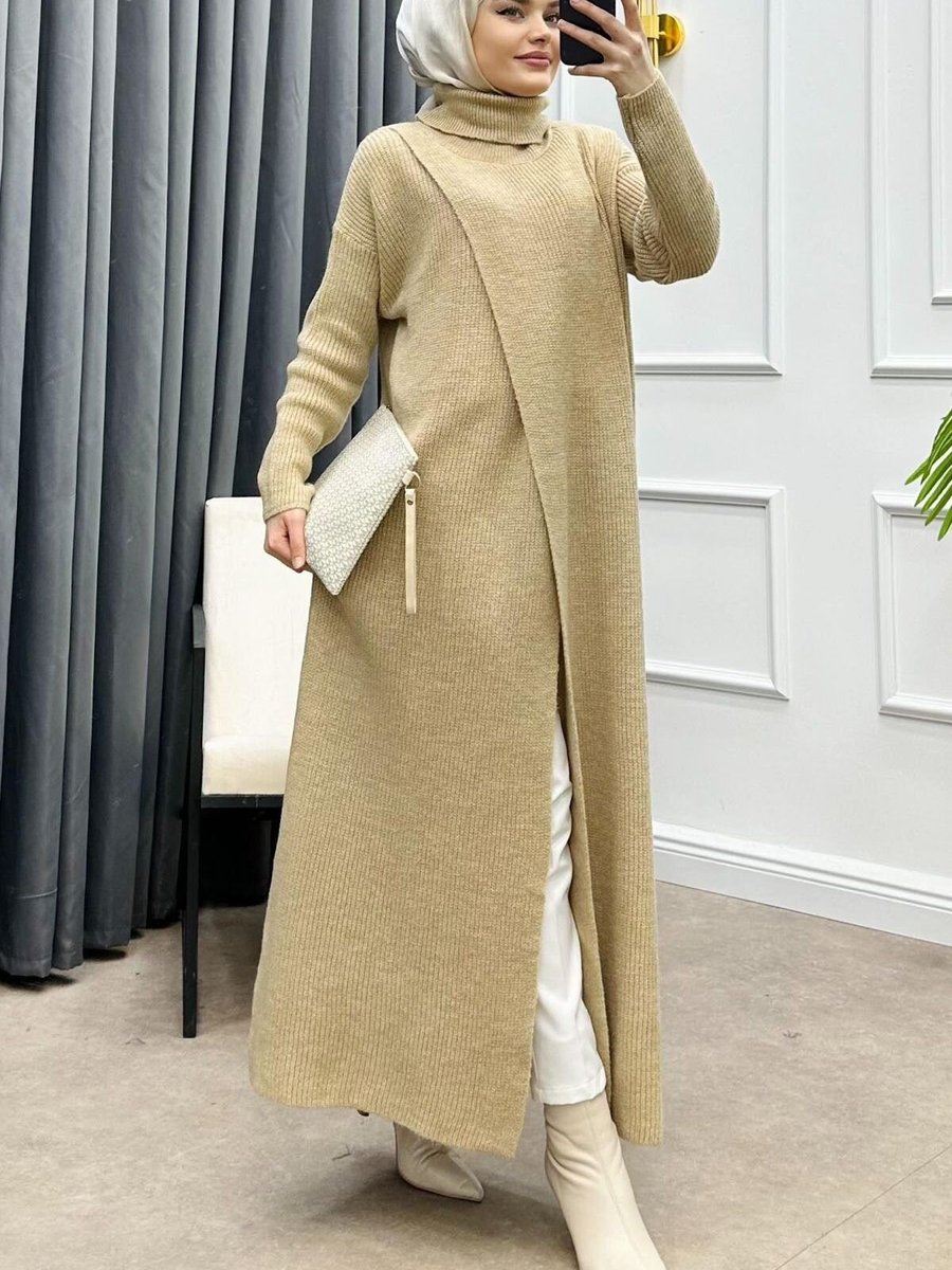 Swana Bej Premium Tunik Triko Elbise