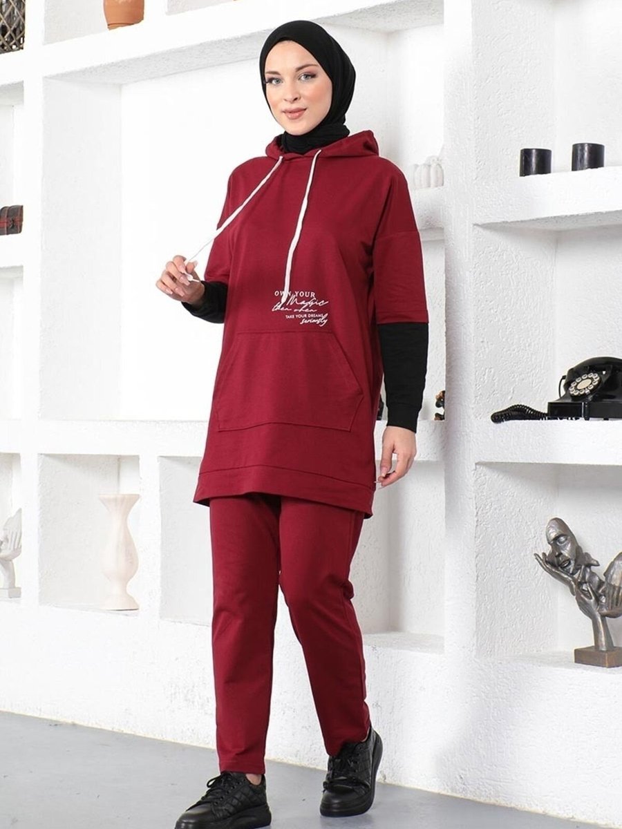 Mec Fashion Bordo Yazı Baskılı Spor İkili Takım