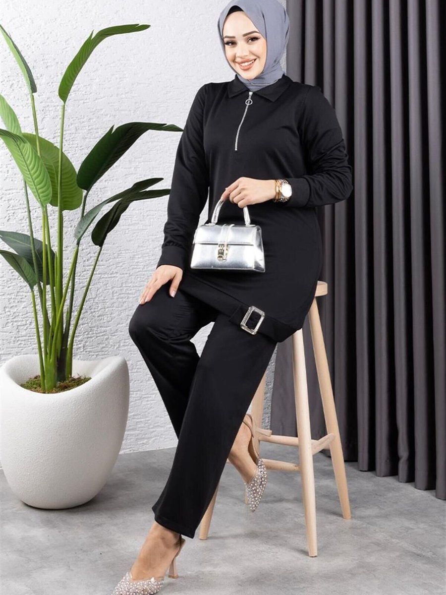 Mec Fashion Siyah Yarım Fermuarlı Spor İkili Takım