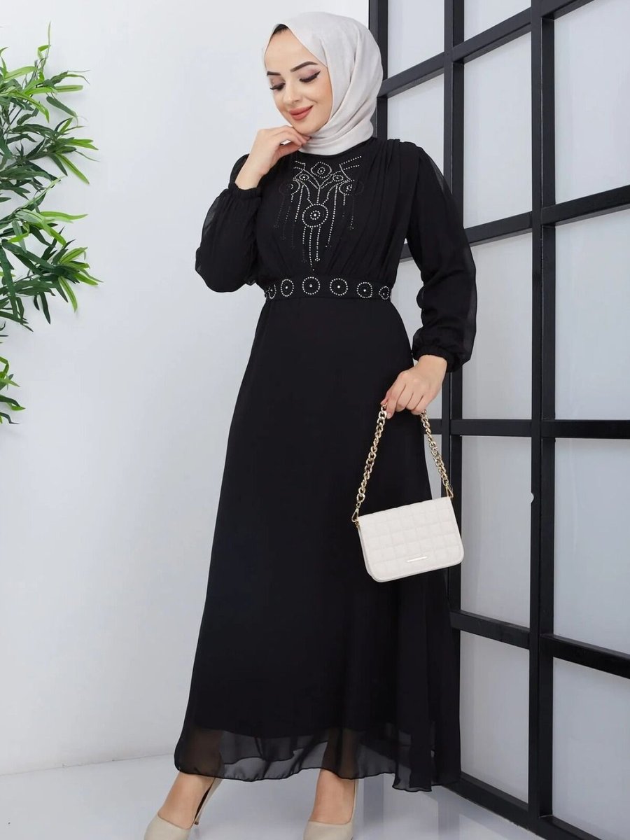 Mec Fashion Siyah İnci Detaylı Elbise