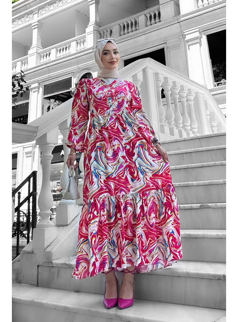 Liz Butik Pudra Lolita Viskon Desenli Elbise