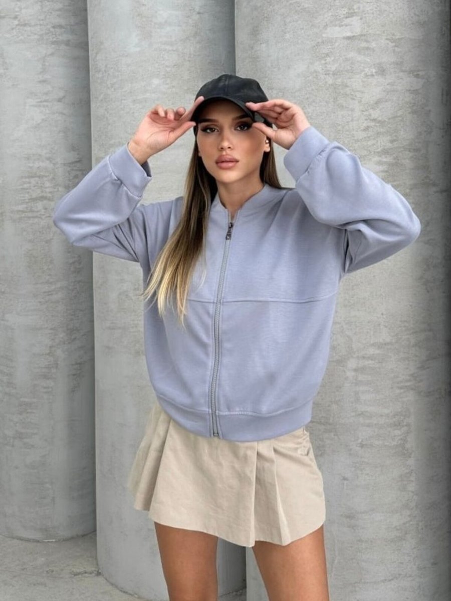 İLKCET MODA Gri Modal Kumaş Fermuarlı Bomber Sweatshirt