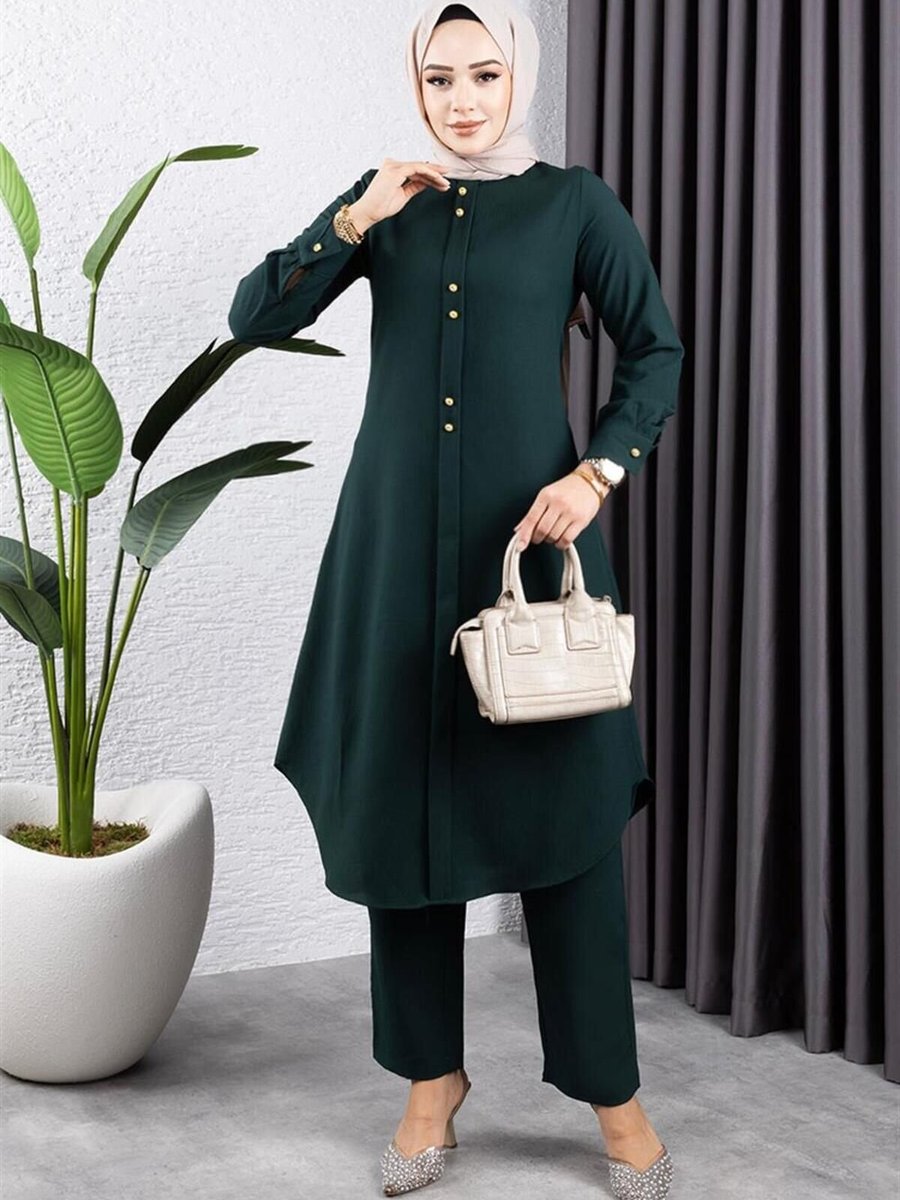 Mec Fashion Zümrüt Yeşili Düğmeli İkili Takım