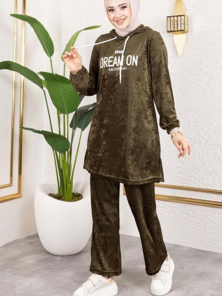 Mec Fashion Haki Baskılı Kapüşonlu Kadife İkili Takım
