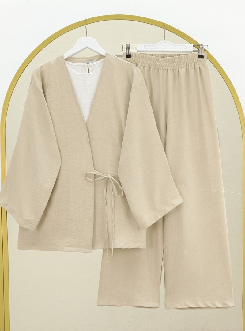 Podyumplus Bej Önden Bağlamalı Pantolonlu Kimono Takım