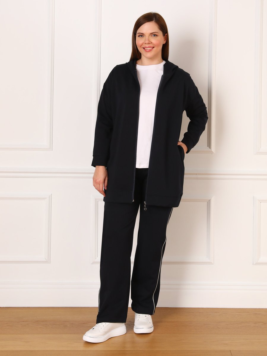 Alia Büyük Beden Biye Detaylı Kapüşonlu Sweatshirt & Pantolon İkili Takım Lacivert