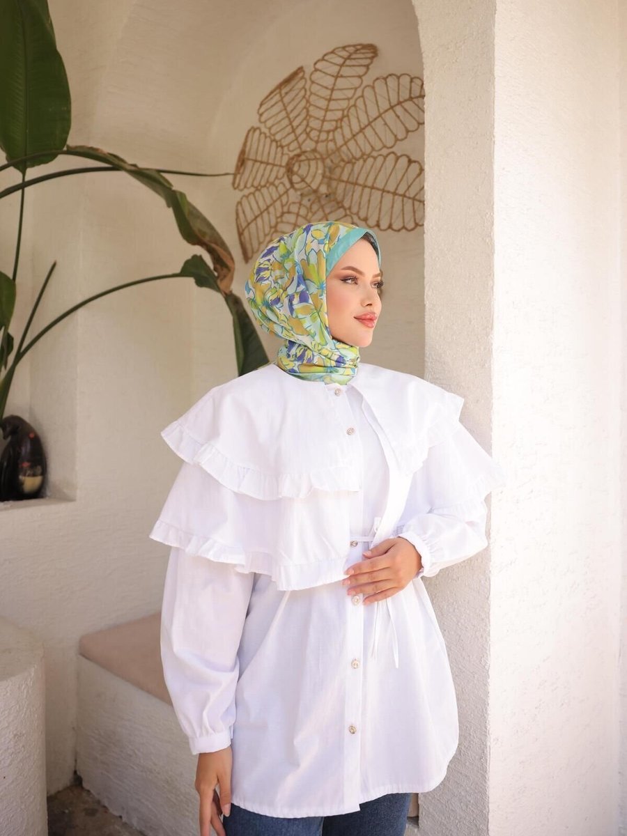Nergis Neva Butik Beyaz Çift Pelerinli Beli Bağlamalı Tunik