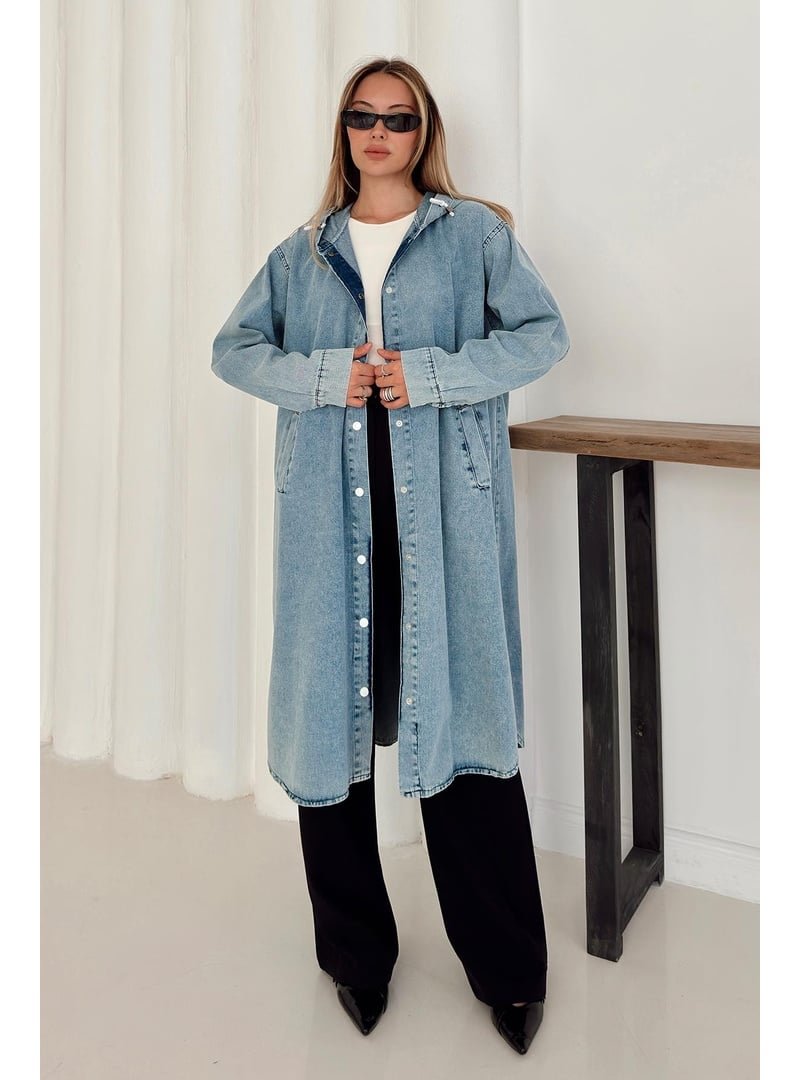 Olcay Mavi Kapüşonlu Düşük Kol Salaş Denim Kap