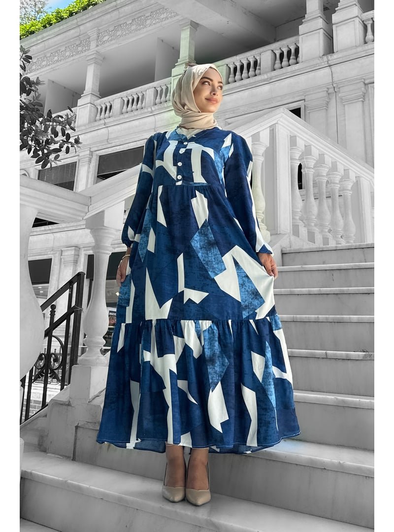 Liz Butik Alya Desenli Viskon Elbise Buz Mavi̇si̇