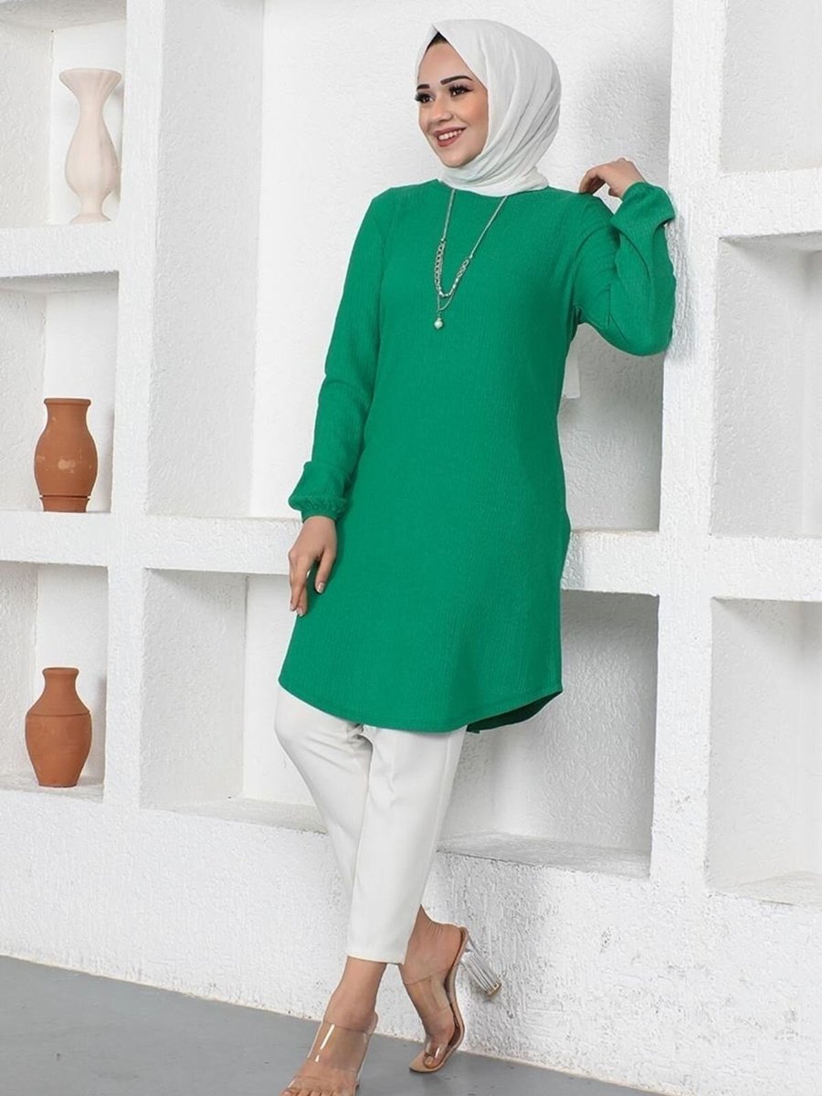 Mec Fashion Zümrüt Yeşili Kolyeli Bürümcük Tunik