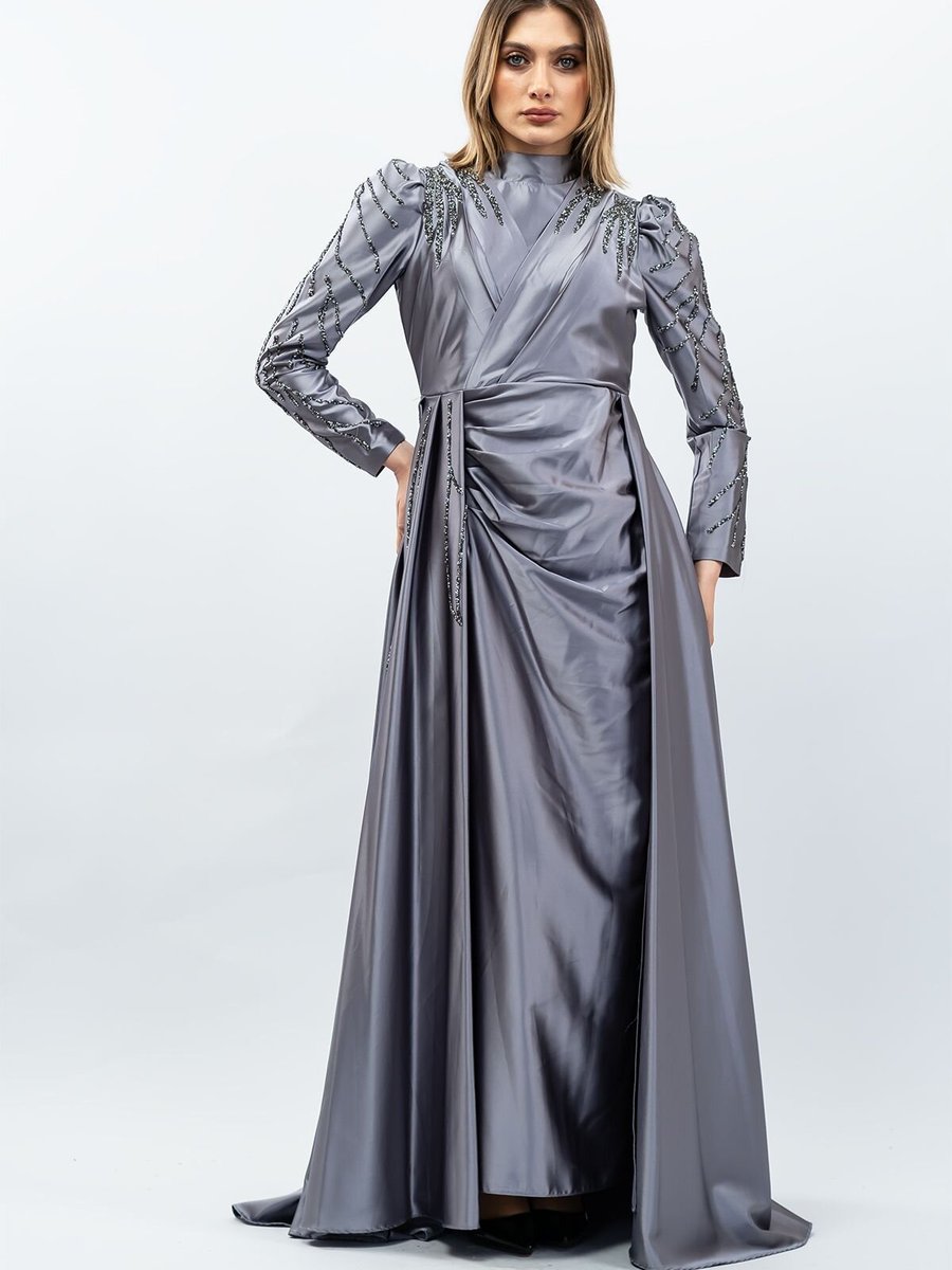 Mec Fashion Gri Taş Detaylı Saten Abiye Elbise