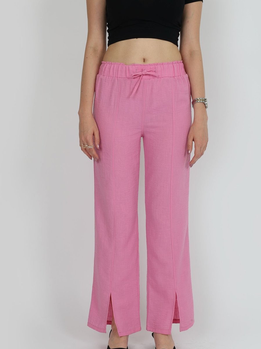 RAWEA FASHİON Pembe Keten Önden Yırtmaç Detaylı Pantolon
