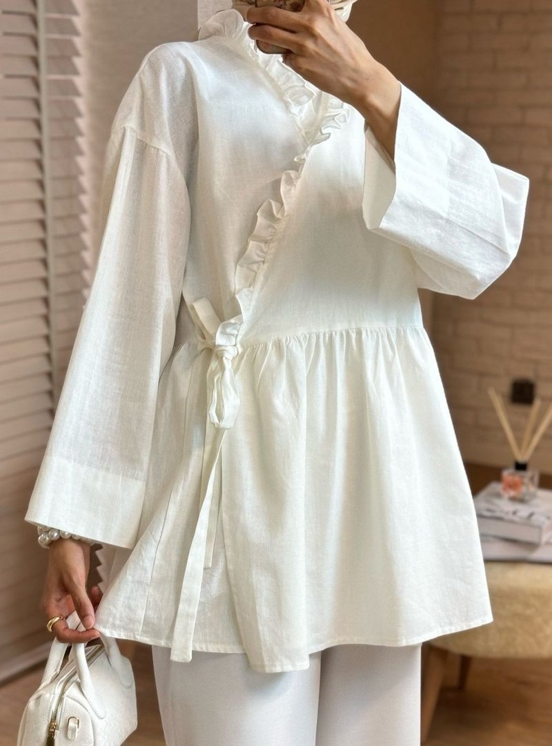 Podyumplus Ekru Yakası Fırfırlı Yandan Bağlamalı Keten Kimono